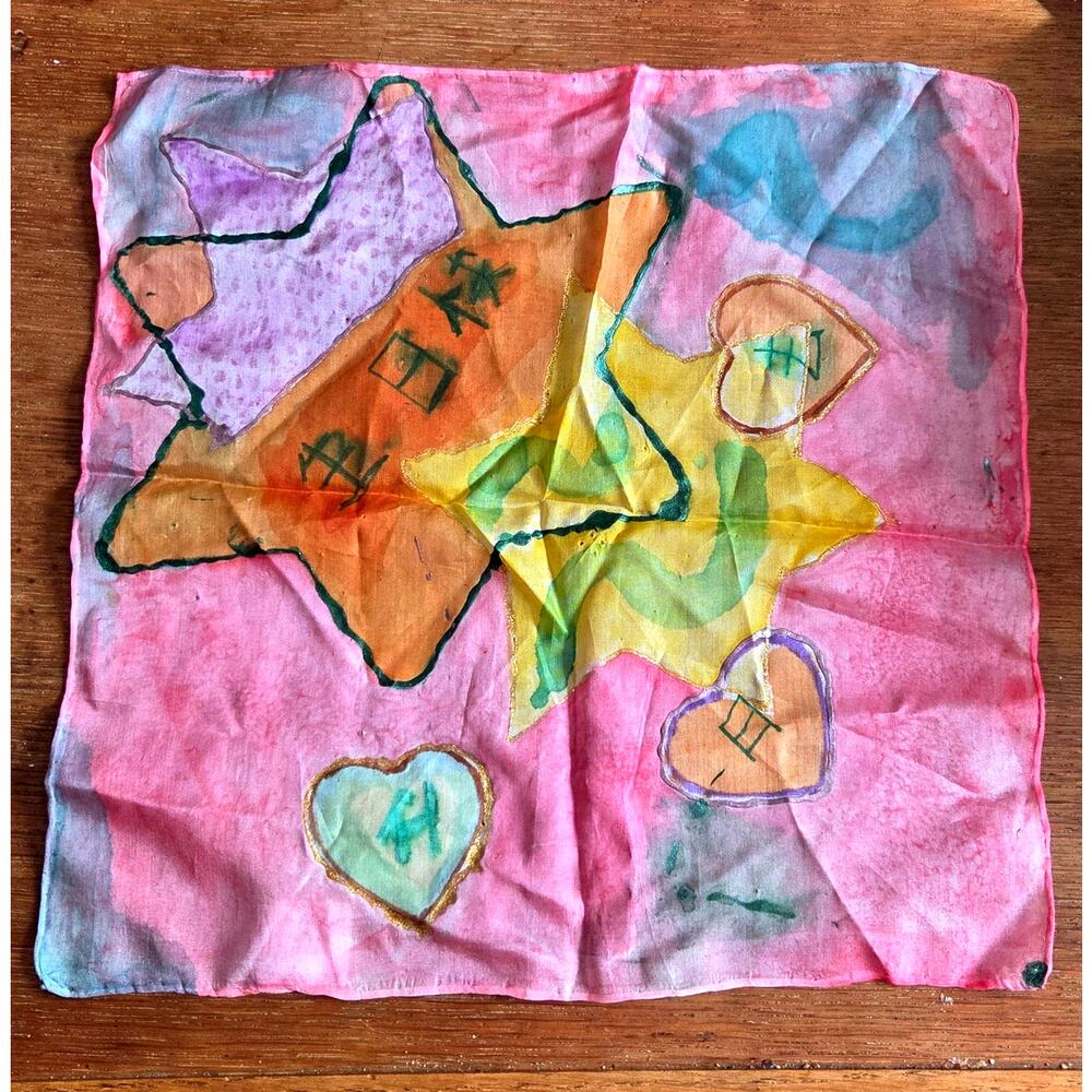 1990's Vtg Arty's Hand Painted Silk Scarf Gold Glitter Hand Rolled Edges